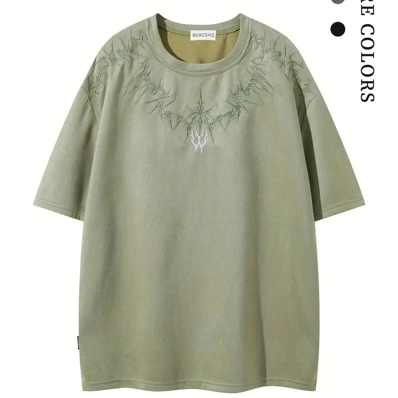 Men's Graphic Embroidery Drop Shoulder Crewneck Tee, Loose Casual Streetwear Short Sleeve Round Neck T-Shirt for Summer, Fashion Men's Top for Daily Wear Oversized T Shirt