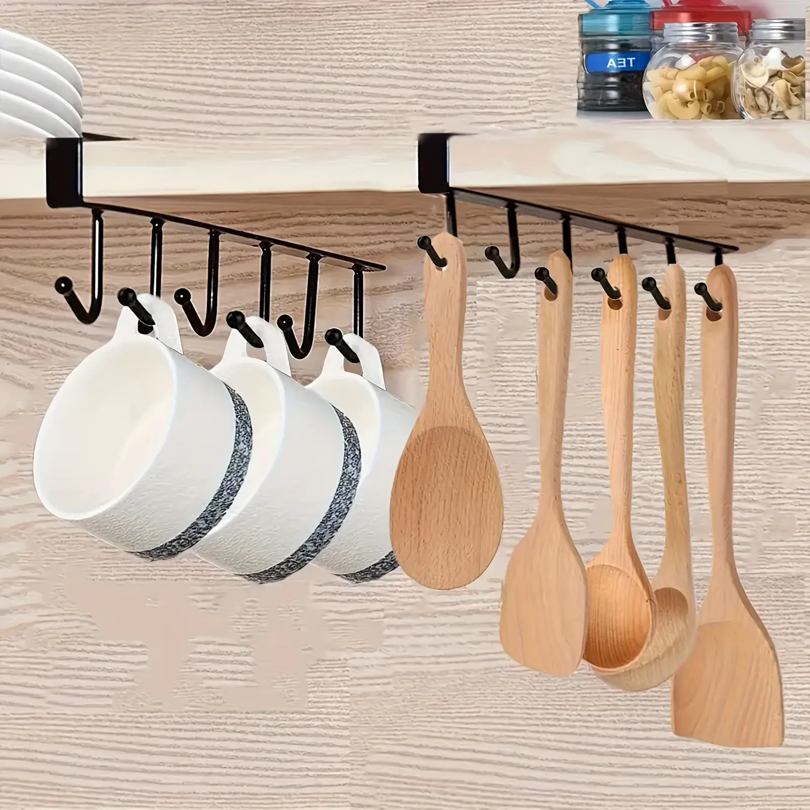 No-Drill Kitchen Cast Iron Coffee Cup Holder Set (3pcs, 6 Hooks Set) - Adhesive ABS Hooks & Rails, Damage-Free Mounting, Easy Snap Install, Space-Saving Hangers, Home Organizer for Utensils