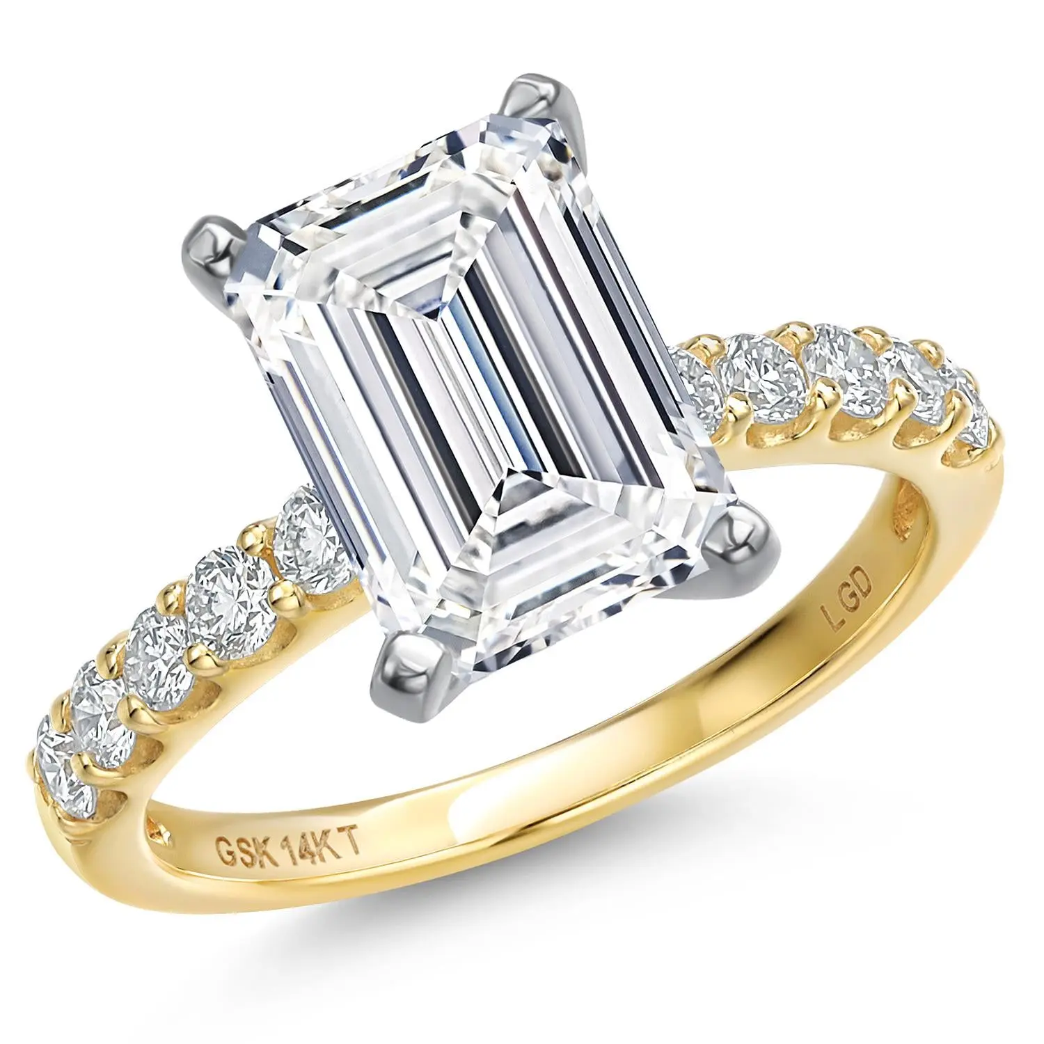 Gem Stone King Women's 2-Tone 14K White & Yellow Gold Diamond Ring - 1.13 to 5.38 Carats IGI-Certified Lab-Grown Emerald Cut, D-E Color, VS1-VS2 Clarity, 2-Tone Metalwork Gold Diamond Rings for Engagement & Wedding