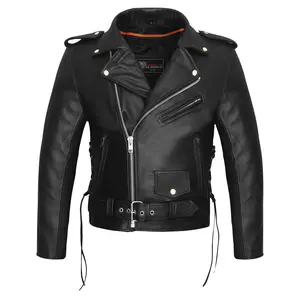Men's Premium Classic Motorcycle Black Leather Jacket w/ Interior Pocket, Side lace and Removeable Quilted Liner