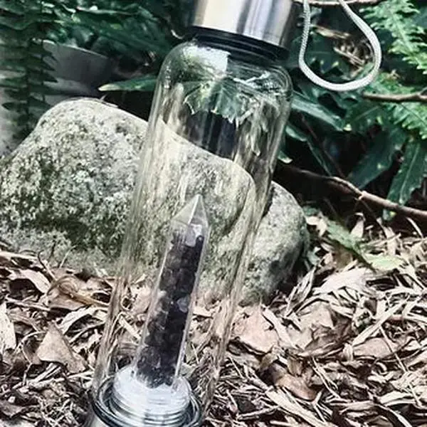 Luxury Healing Crystal Glass Water Bottle Amethyst and Obsidian Blend