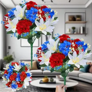 Red White Blue Artificial Flowers, 16 Inch Memorial Bouquets with Carnations Lily Hydrangea, Patriotic Home Decor for 4th of July Independence Day, Fake Floral Arrangement for Veterans Grave Indoor Decor Decoration Decorative Fruit Plants Set Silk