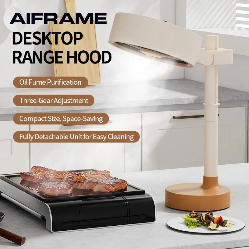 Indoor Compact Portable Range Hood - Tabletop Cooking Smoke Purifier with 3-Speed Suction, 3600 rpm Motor, Rotatable Telescopic Stand (Adjustable Height & Tilt), Detachable Polymer Filters & Oil Cup, Straight Airflow Low-Noise Kitchen Appliance, Hot Pot,