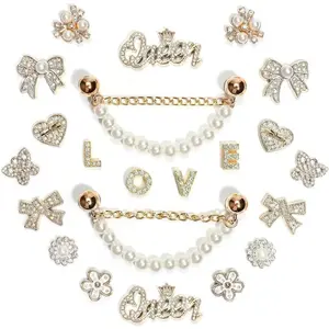 Bling Rhinestones and Pearls Shoe Charms Set with Sparkling Shoe Chains, LOVE Queen Letter Charms for DIY Women's Clog Sandals Decor | Trendy Shoe Accessories for Party Girls and TikTok Fashion Gifts