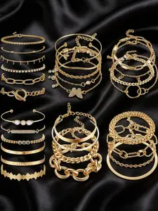 29 Pcs Golden Wrist Accessory Collection for Women Men Layer Styling Lovers Multi-tier Combinable Wristbands Foldable Split Cuff Bangles, Bangles Set, Adjustable Clip Link Chains Elegant Retro Cuban Chains
