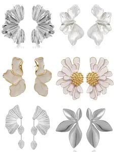 6 Pairs Chunky Silver Statement Earring Set For Women Gold Plated Sectored Flower Leaf Shell Angel Wing Earrings Large Stud Earrings Hypoallergenic Earrings, Hypoallergenic Stainless Steel