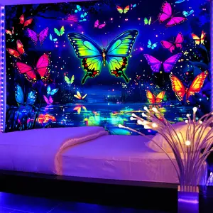 60X40 In Glow-in-the-Dark Tapestry - UV Reactive Butterfly & Lake Wall Art with Black Light Effect, Wrinkle-Resistant Polyester Fabric for Living Room, Bedroom, Party Decor - Birthday/ Wedding Decoration with Free Hanging Clips