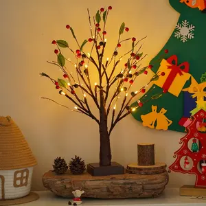 1 piece of Christmas home decoration artificial tree light with red or golden fruit holiday cottage decoration, wedding scene arrangement, LED office desktop luminous potted plant, bedroom night light, birthday, wedding, Christmas decoration light