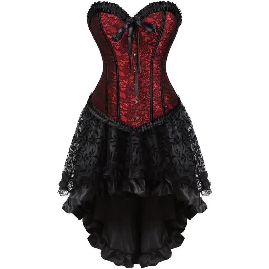 Women's 2-Piece Vintage Halter Neck Cropped Satin Floral Overbust Corset Set - Lace-Up Push-Up Shapewear, Witch Fairy Renaissance Victorian Halloween Costume Party Outfit (Blue, Red, Green)