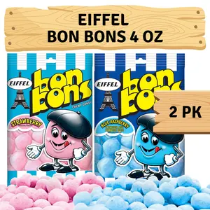 Eiffel Bon Bons Variety 2 Pack - Strawberry & Blue Raspberry - 4 oz bags bundle with 2 Airmont Stickers - French Candy Snack - Enjoyed by All for Over 20 years
