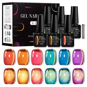 MEET ACROSS 7pcs Light Golden Magnetic Gel Nail Polish Set, with Magnetic Stick, High Saturation Lasting Shining Cat's Eye Nail Salon Essential Female Festival Gift Polish Manicure Cutics Cosmetic