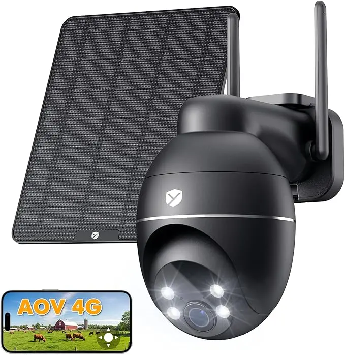 YESKAMO AOV 4G LTE Solar Security Camera Outdoor, PTZ Wireless Surveillance Camera, No WiFi Required, 2K HD Night Vision, AI Human & Vehicle Detection, 355° Pan 100° Tilt, Dual SIM eSIM Included