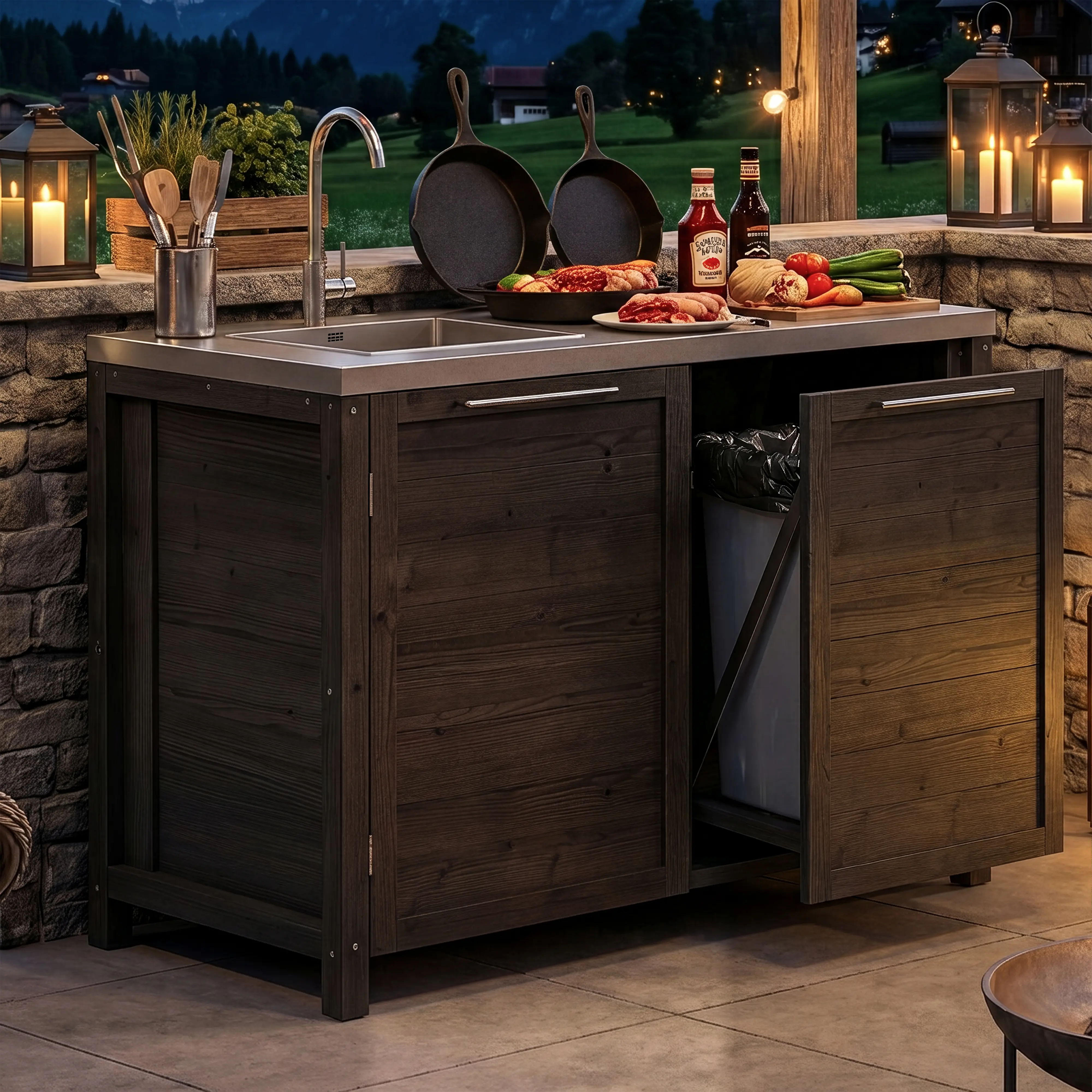 FUFU&GAGA Outdoor Kitchen Cabinet with Sink, 51.2 Inch Weather‑Resistant Wood BBQ Prep Station, Stainless Steel Countertop & Trash Bin Compartment