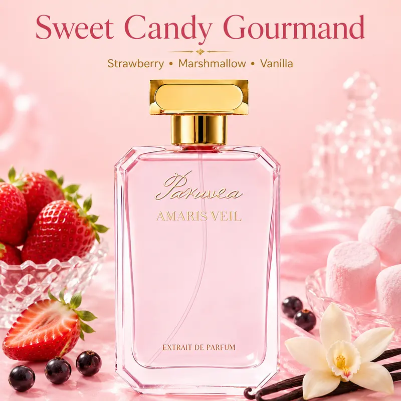 Paruvea Amaris Veil Extrait De Parfum - Vegan Women's Perfume for Mature Adults, Sweet Romantic Gourmand Strawberry Vanilla Marshmallow Scent, Soft Long-Lasting, 100ml (3.4 fl oz), #backtoschool, Perfumes For Women