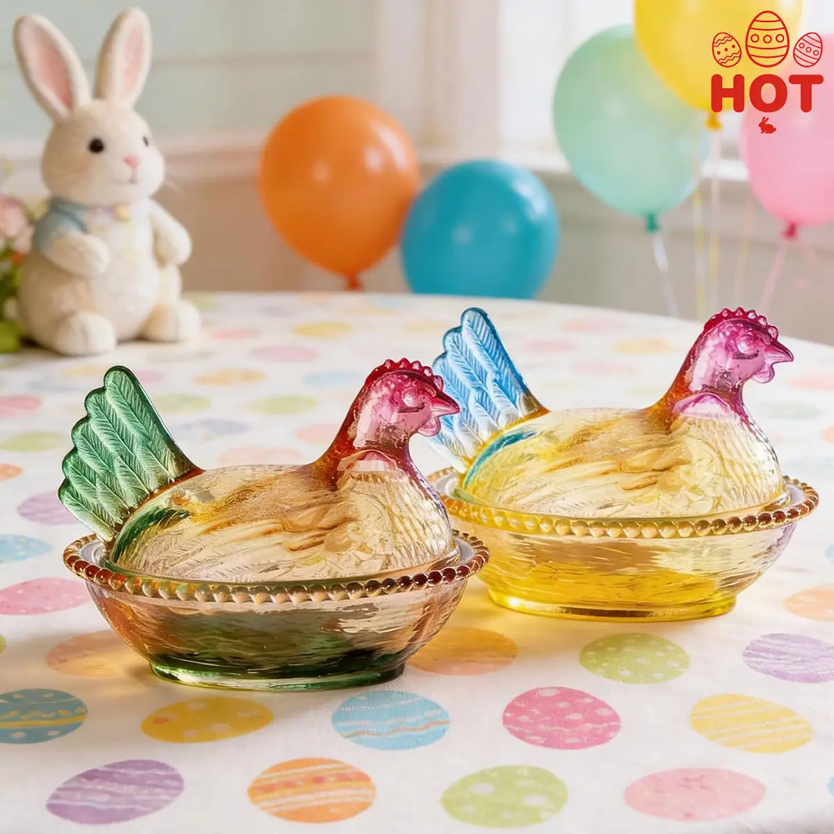 Colored Crystal Hen-on-a-Nest Glass Organiser - Lidded Container, Kitchen Home Storage Food Storage Jar, Retro Chicken Shaped Snack/Egg Jar for Kitchen Counter & Easter Tabletop Decoration (3x4.7in) Home Supplies, Candy Bowl