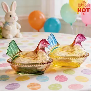 Hen on a Nest Glass Dish, Colored Crystal Candy Bowl with Lid, Retro Chicken Shaped Storage Jar for Snacks, Eggs & Tabletop Decoration , for Kitchen Counter & Easter Decor(3x4.7in)