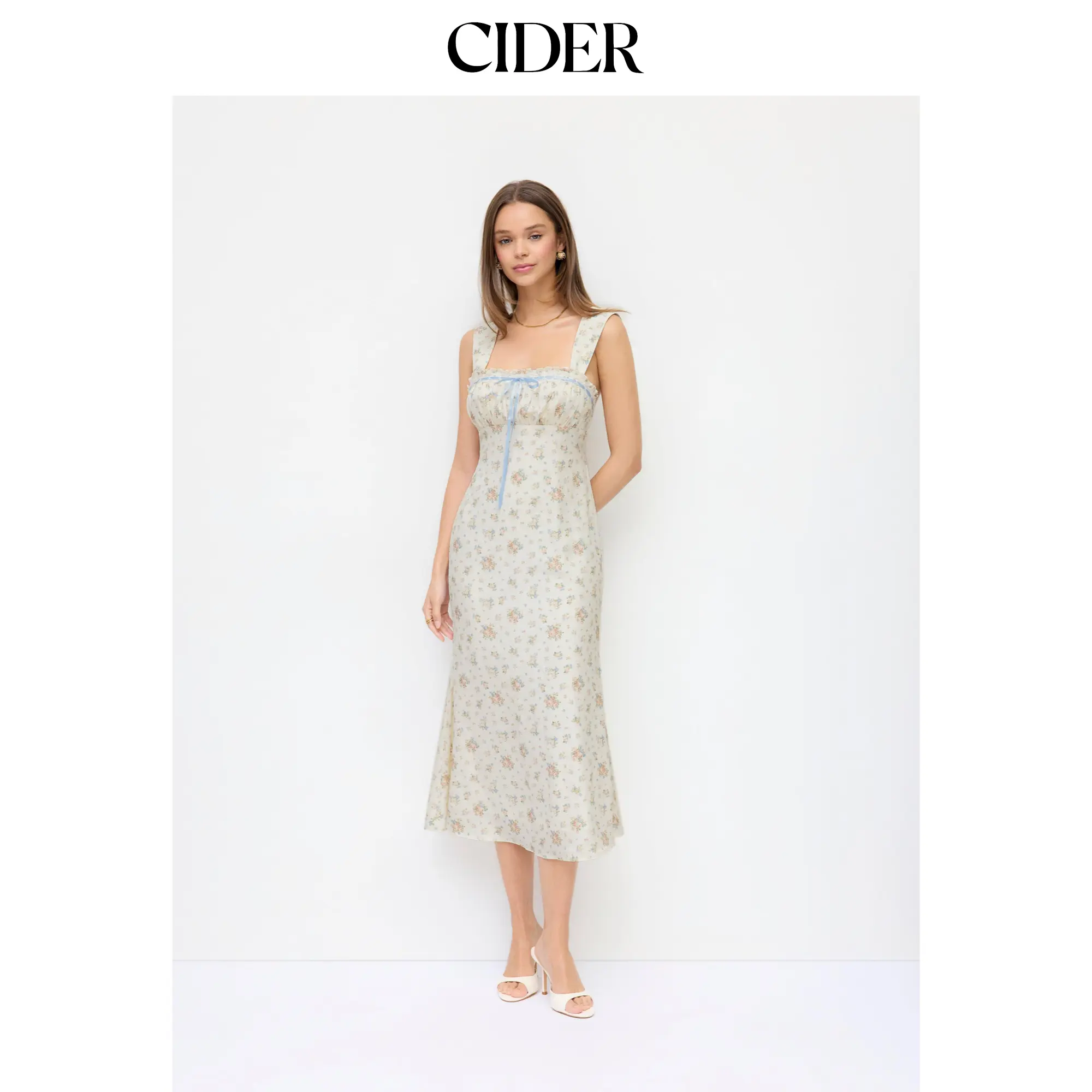 Cider Women's Medium Weight Polyester Woven Fully Lined Sleeveless Plisse Floral Square Neck Bowknot Lace Trim Mermaid Midi Dress, Casual Wear