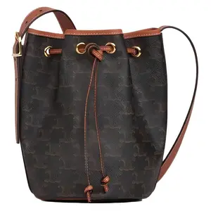 Celine Triomphe Monogram Canvas and Calfskin Drawstring Bucket Bag for Women