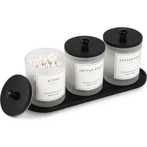 eggs sound 3 Pack Qtip Holder - Bathroom Organizers and Storage, Cotton Round Swab Holder Dispenser Cotton Ball Holder with Tray, Glass Apothecary Jars with Lids, Floss Pick Containers - ms black