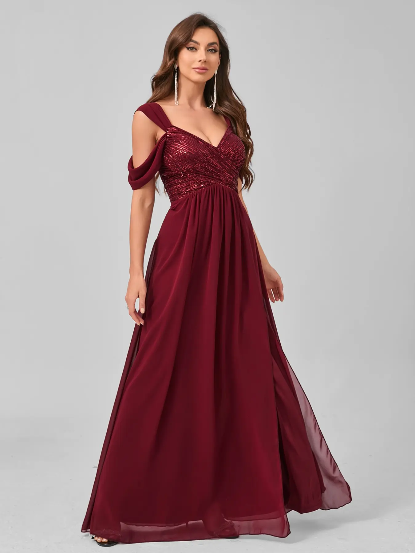 Elegant V-Neck Fitted Sequined Chiffon Dress, High Slit A-Line Maxi Evening Gown, Ruched Waist Party Dress, Formal Prom Dress, Formal Wear, Lady Womenswear, Elegant Fitted Dresses, Elegant Party Apparel