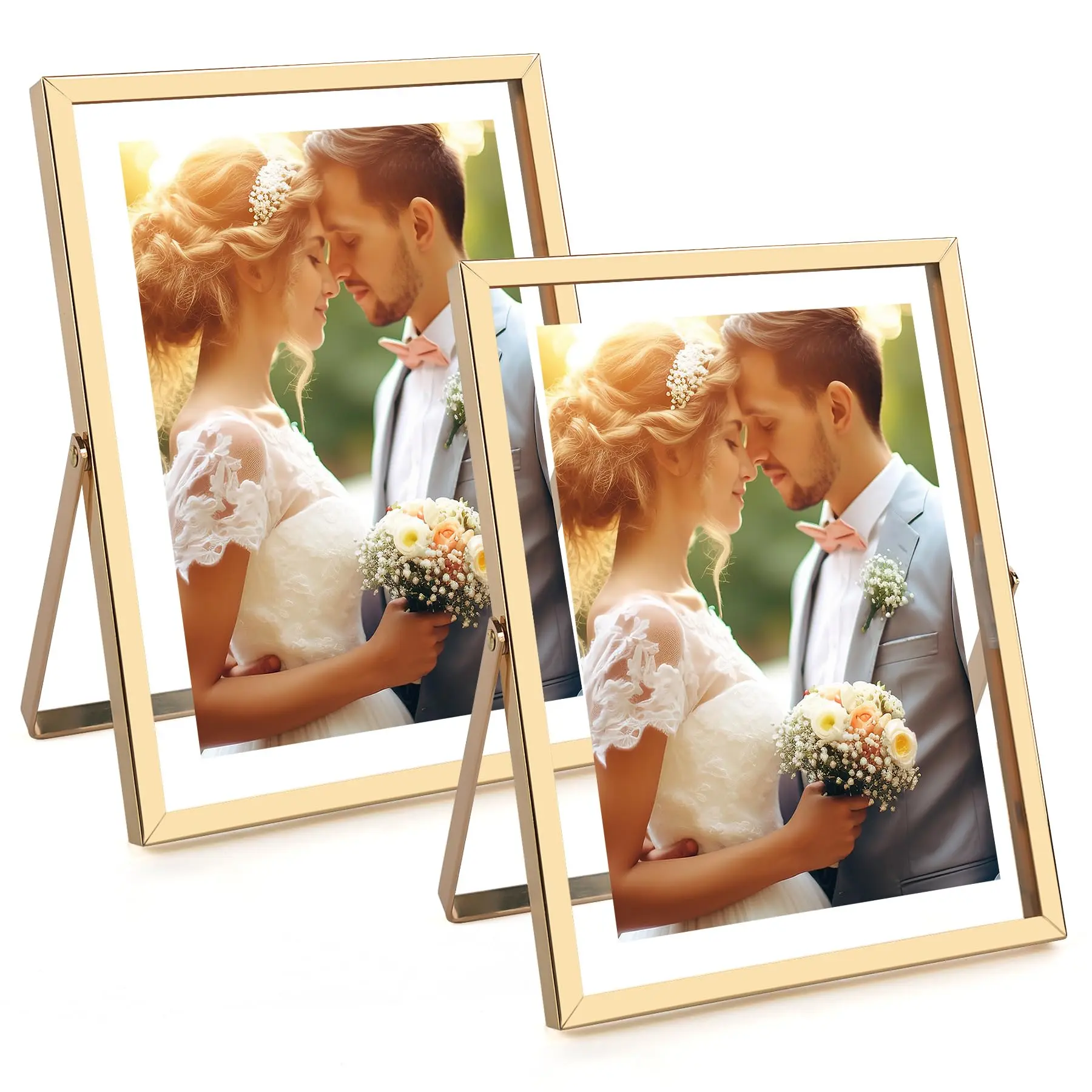 2 Pack 6" x 8" Metal Floating Picture Frames, Real Glass Vertical Tabletop Frame with Pull-Out Easel, Fits 4" x 6" and 5" x 7" Photos