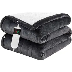 Soft Flannel 50"x60" Heated Electric Throw Blanket with 8 Hours Auto Off 10 Fast Heating Levels Machine Washable Sherpa with Overheating Protection