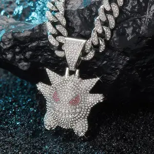 Hip Hop Fully Rhinestone Elf Spirit Pendant Necklace | Alloy Cuban Chain Unisex Daily Jewelry