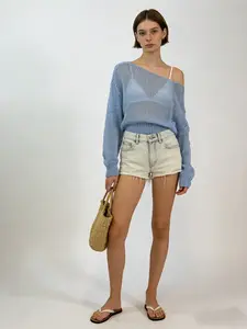 2026 Spring Summer Light Blue Hollow Out Transparent Boat Neck Long Sleeve Knit Top, Bohemian Style Beach Mesh Sweater, Elegant Soft Romantic, Coquette Aesthetic Knitwear