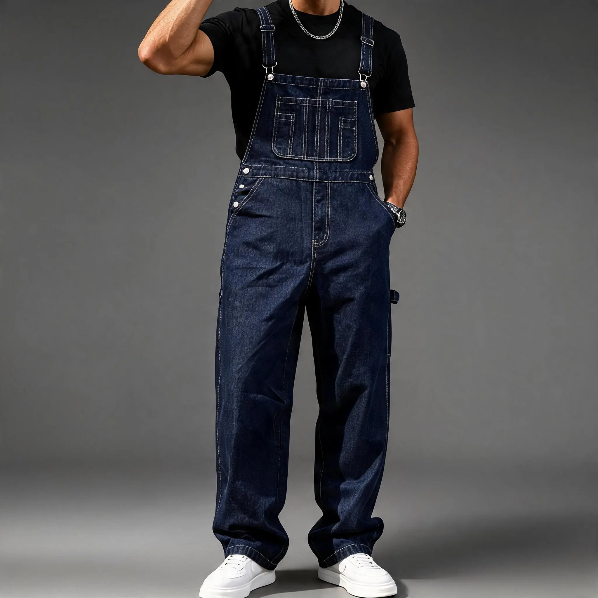 Men's Sleeveless Plain Denim Bib Overalls - Loose Fit Classic Workwear, Adjustable Straps, Multi-Pockets Jumpsuit for Work, Casual Wear