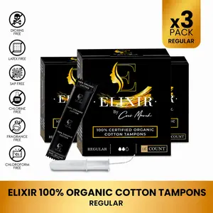 3 Pack Coco March Elixir Organic Cotton Tampons, Regular Feminine Care Tampons for Women (16ct) Comfort Hypoallergenic