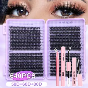 DIY self-made eyelash extension set with fluffy clusters of 640 lashes, including glue, tweezers, and adhesive remover. 50D+60D+80D clustered extension with D-roll thickness of 8-16mm. Single cluster eyelash operation at home Diy Eyelash Extensions