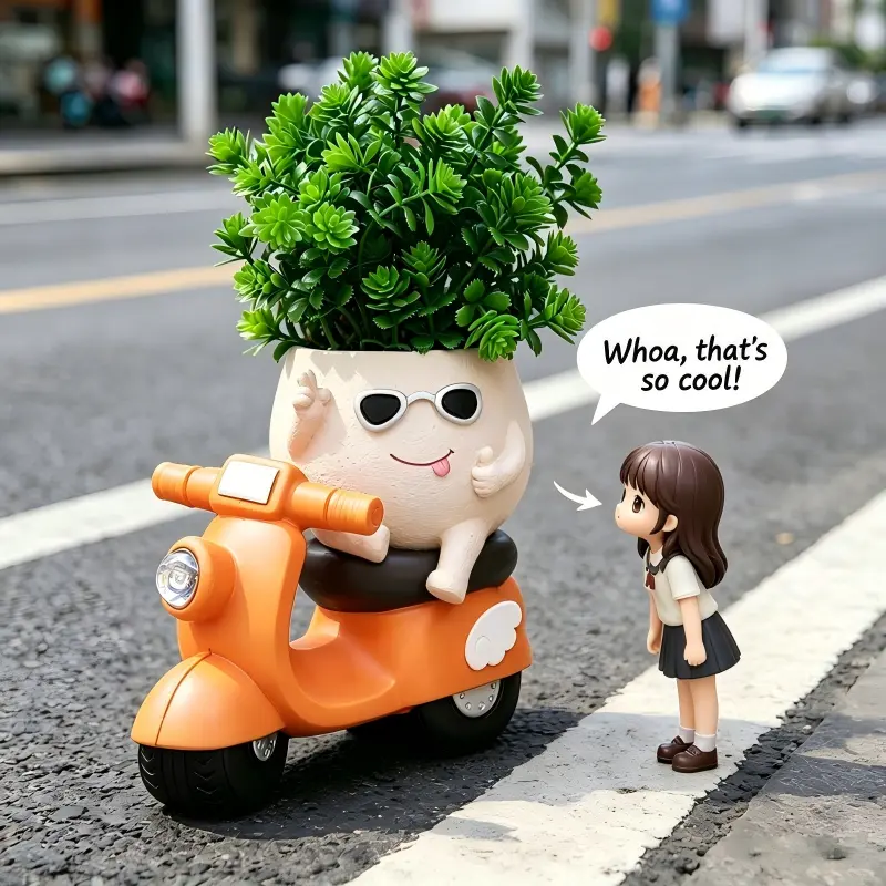 Pricetail Mini Resin Motorcycle Planter with Smiley Face Cute Cartoon Family Design & Pot Trays (1 Count) - Synthetic Resin Cute Planters, All Seasons Home Decor Gift for Indoor Use, Unique Home Decor
