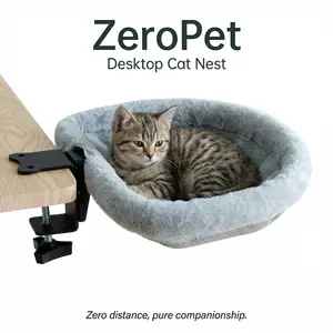 ZeroPet Upgraded Folding Desktop Cat Bed  Space-Saving Clip-On Desktop Cat Bed Frame | Supports up to 40 lbs | Blue-Gray | High-Quality Removable Washable Scratch-Resistant Velvet | Suitable for Desktop, Windowsill, and Cat House (Thickness ≤ 2.95 inches)