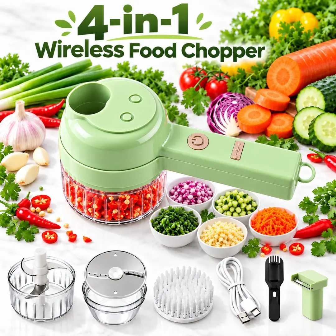 4-in-1 Cordless Mini Electric Food Chopper - USB Rechargeable Portable Food Processor with Garlic Mincer, Chop/Slice/Peel Functions for Kitchen Meal Prep