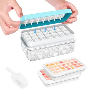 Ice Cube Tray with Lid and Bin, 56 pcs Ice Trays for Freezer, Ice Cube Trays for Freezer with 2 trays, Container, Lid & Ice Scoop, BPA Free