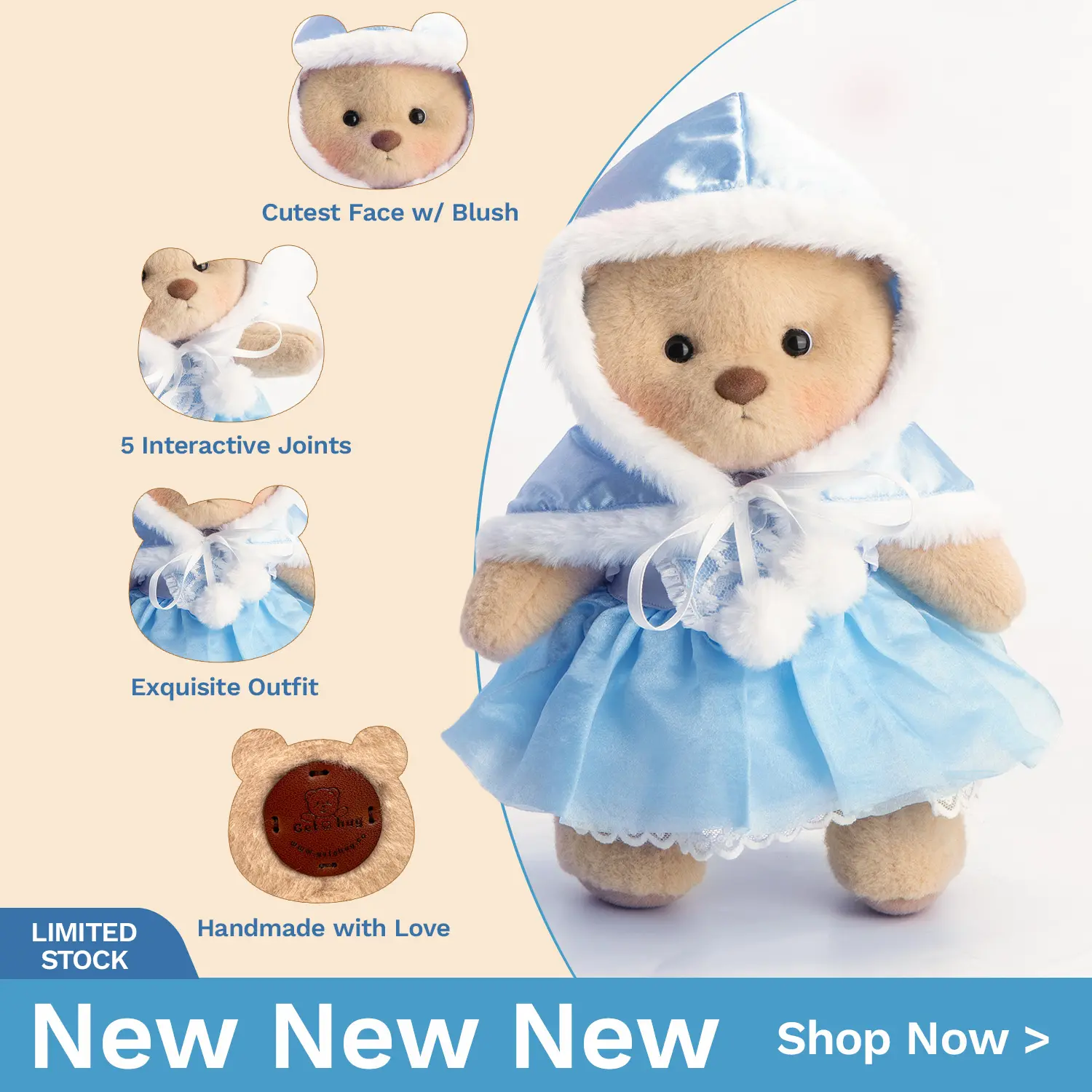 Getahug White Weighted Teddy Bear - Christmas Blue Ice Princess Dress Themed, Soft Stuffed Doll, Cute Stuffed Animal, Hand Wash Cute Collectibles, Ages 6+ Toddler Gift, Durable Fluffy Plush Toy, 1 Gift Box, 1 Greeting Card, 30-Day Hassle-Free Returns
