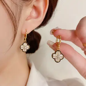 Elegant, Stylish And Delicate Micro-Inlaid Four-Leaf Flower Ear Buckles For Women DDES0439, Personalized And Niche Design Ear Drops For Women, 14K Gold-Plated
