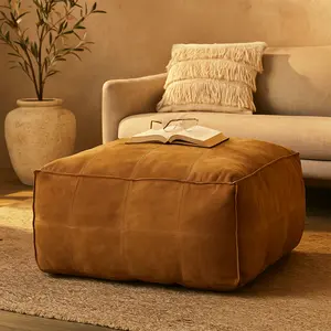 Leather Low Profile Square Stuffed Pouf with Patchwork Design