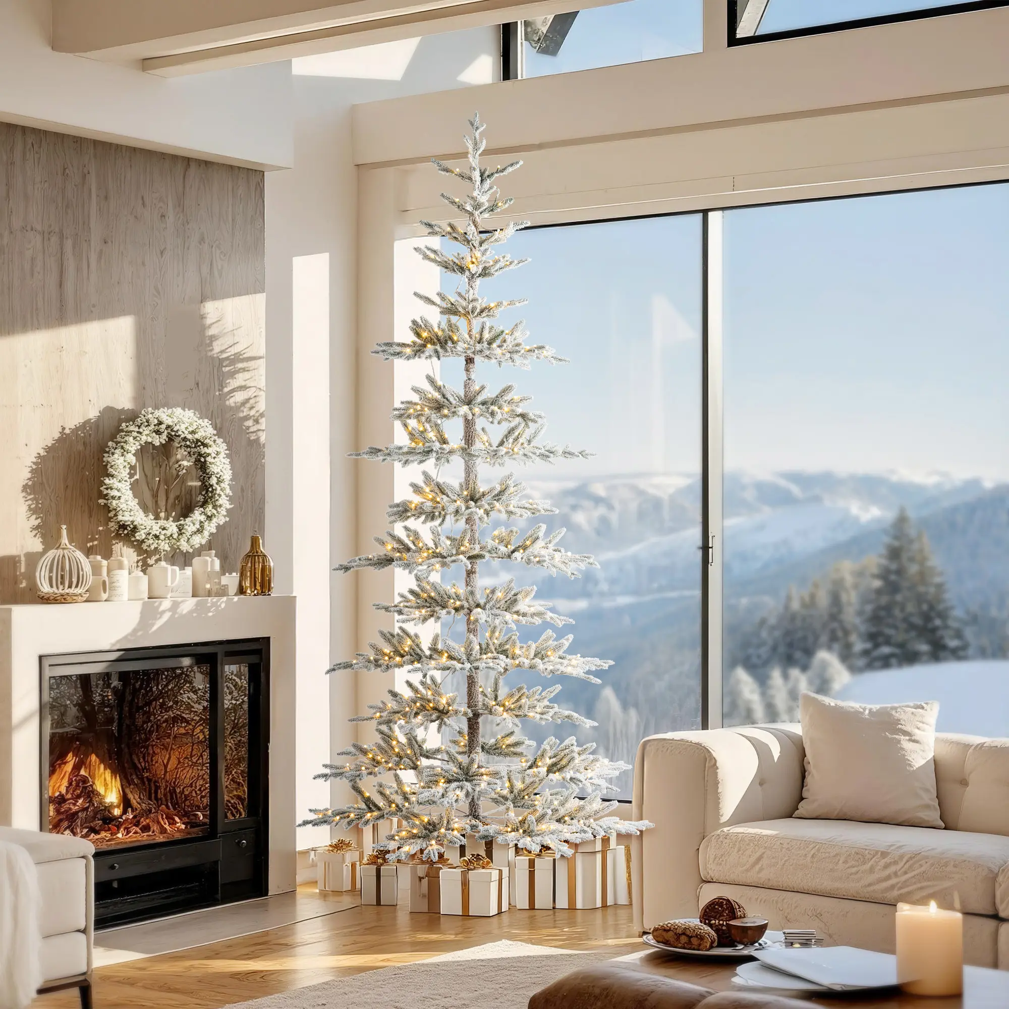 Glitzhome Deluxe Pre-Lit Flocked Slim Fir Artificial Christmas Tree (6ft/7ft/9ft) with Warm White Lights, 3 Functions, Holiday Decoration for Room Decor, Ornaments & 733 PE Tips, Creates Fragrant Christmas Atmosphere