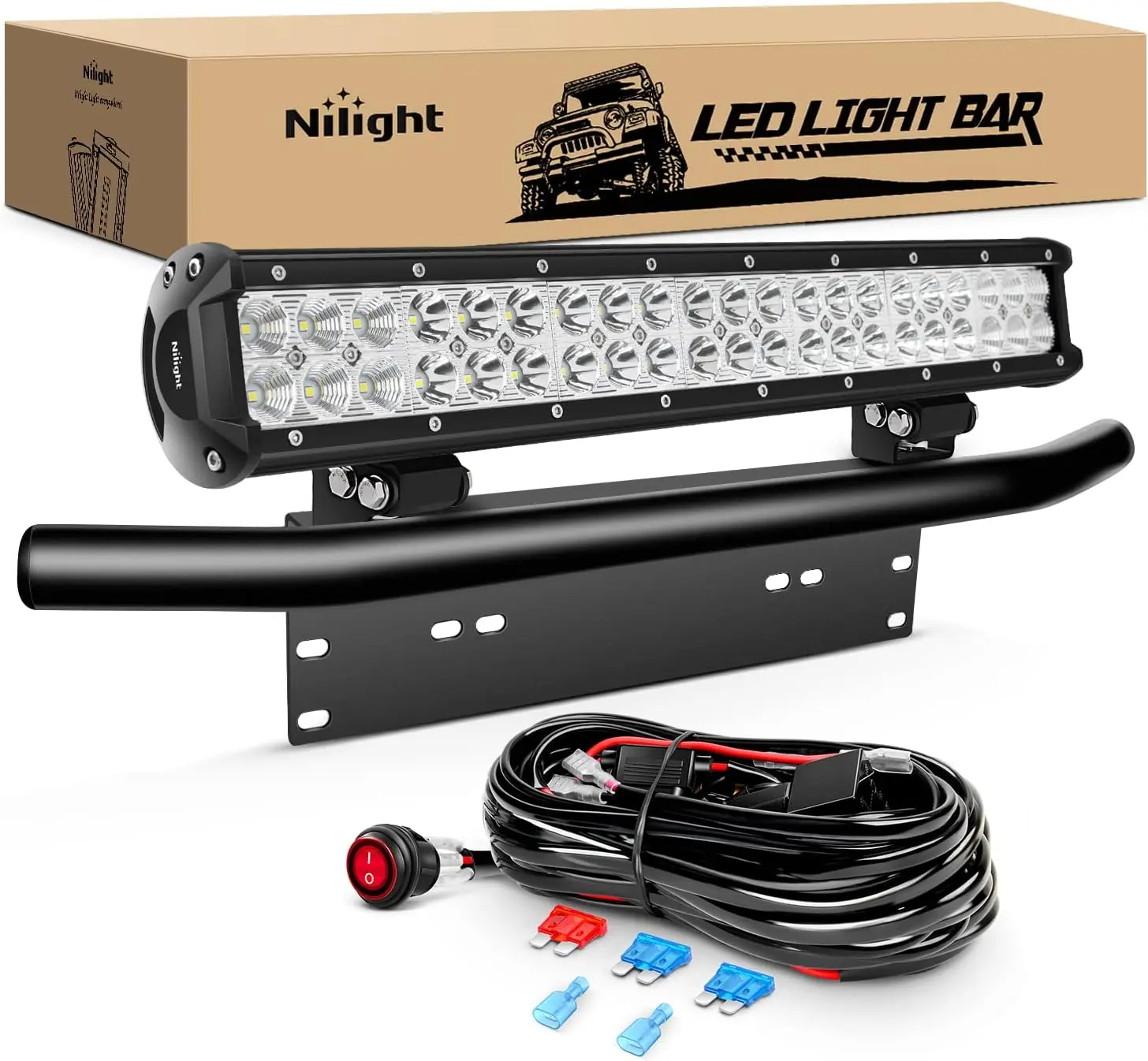 Nilight 20in 126W Waterproof LED Light Bar - Spot-Flood Combo Off Road Lights, Aluminum Body, Adjustable Mounting Bracket, Advanced Chip Tech, Wiring Harness, Cooling Fans, Salt Spray Tested for Coastal Drives, Car Lighting Accessories for Semi Trucks, Le