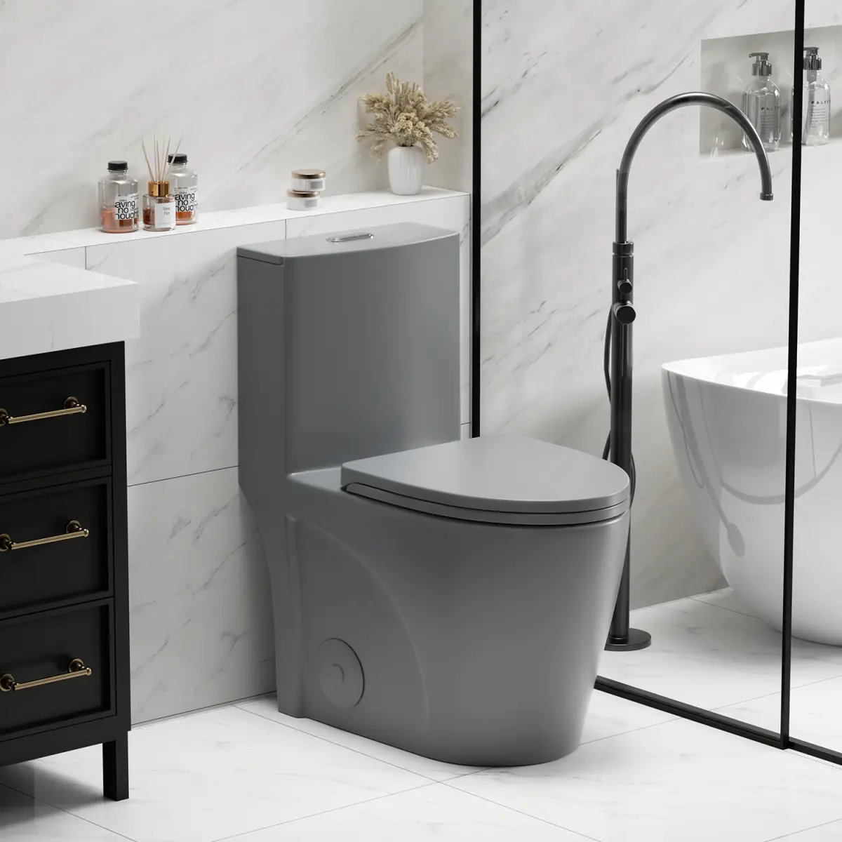 Bellemave LG-001 RR Siphonic Tornado Dual Flush Soft-Close 1-Piece Toilet - 1000g, 1.1/1.6 GPF, 12" S-Trap, 17" ADA Height Elongated Bowl, Light Gray, Soft-Close One-Piece Toilets
