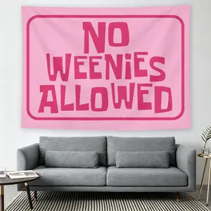 "No Weenies Allowed" Pink Wall Flag, SpongeBob Inspired Print, Mid-century Modern Black Flash Manga Style, For Adult Fans, Nostalgic Decor, Bedroom Dorm Tapestry