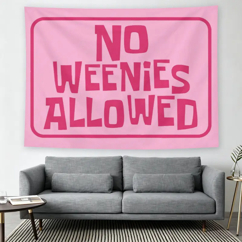 "No Weenies Allowed" Pink Wall Flag, Wall Hanging, SpongeBob Inspired Print, Mid-century Modern Black Flash Manga Style, For Adult Fans, Nostalgic Decor, Bedroom Dorm Tapestry, Home Wall Hanging