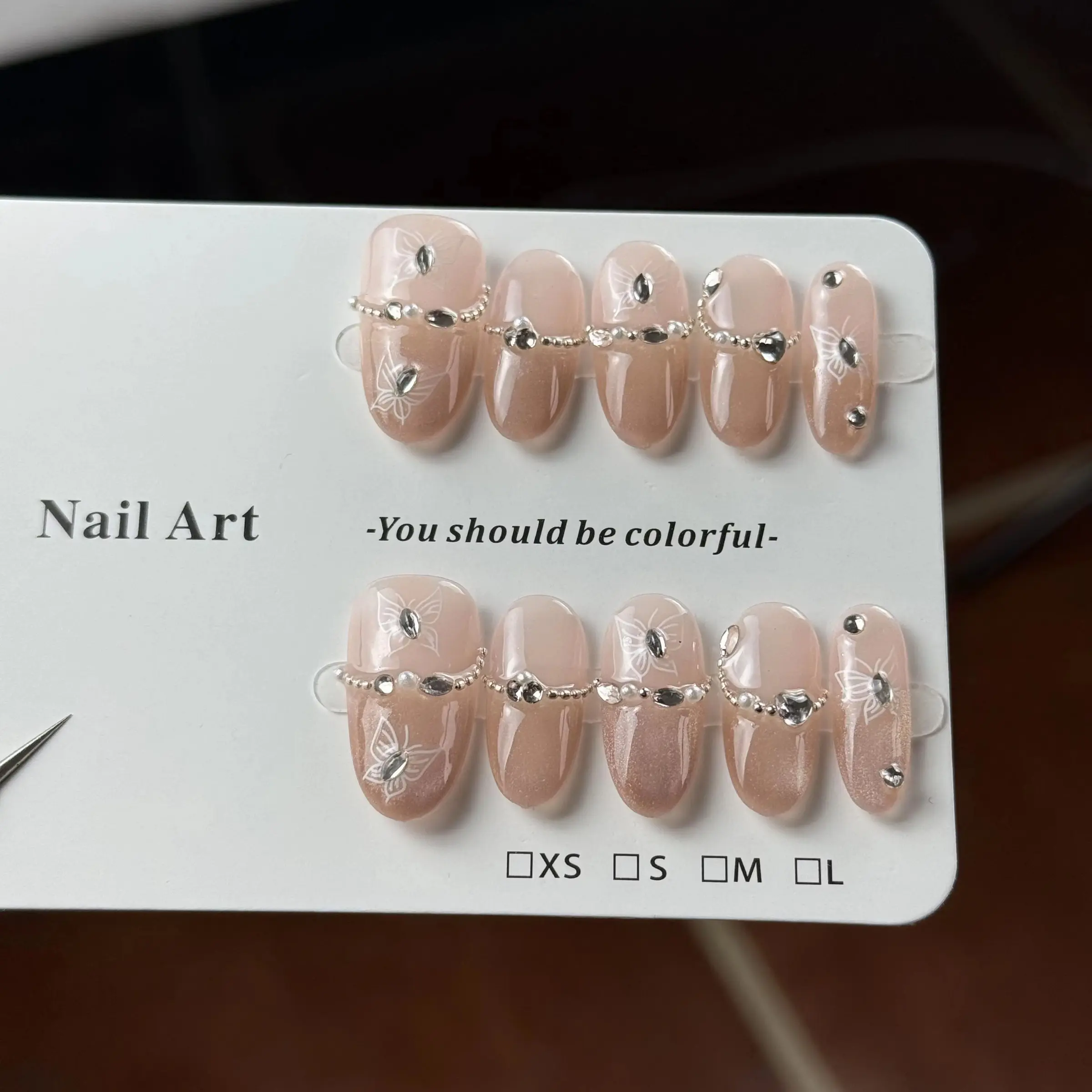 10pcs high-end The gentle and pure winter breeze, hand-painted butterflies, translucent glitter, glittering and sparkling diamonds, ice through the handmade fake nails