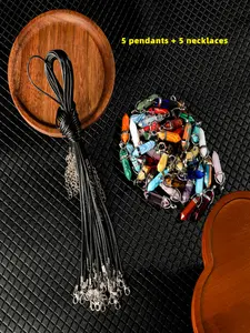 10-piece set of pointed chakra pendants with black leather necklaces, hexagonal bullet-shaped quartz stones with leather chains, Modern versatile accessories, suitable for DIY jewelry making, everyday wear and parties, perfect for Christmas, Halloween