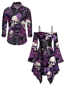 DRESSLILY 2025 Matching Set Gothic Couple Outfit Women's Rose Skulls Print Lace Up Handkerchief Dress and Men's Long Sleeve Button Up Shirt Set