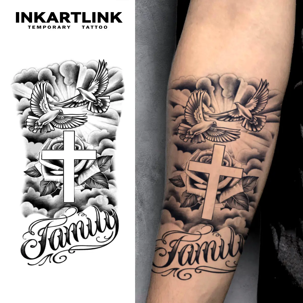 INKARTLINK 2 Sheets Realistic Temporary Tattoos, Semi-Permanent Tattoo Tech that Lasts 1-2 Weeks, Waterproof Dove of Peace Design for Men & Women, Glue-Free Temporary Tattoos
