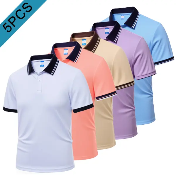 Men’s 5 pack polo shirts, breathable quick dry fabric, lightweight stretchy polyester material, button design, suitable for summer office wear, casual outings, and everyday wear, comfortable close fitting short sleeves.