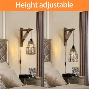 Plug In Wall Sconces Set Of 2 Or 1, Farmhouse Hanging Lamps That Plug Into Wall Outlet, Rustic Metal Cage Sconce with Wooden Bracket for Bedroom Living Room Headboard., Room Illumination Accessory, Bedroom Lighting Solution, Rustic Wall Light