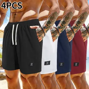 Pack of 4 corduroy shorts, solid color, men’s casual shorts with side pockets and a drawstring elastic waistband, suitable for everyday wear and vacations, beige, men’s shorts